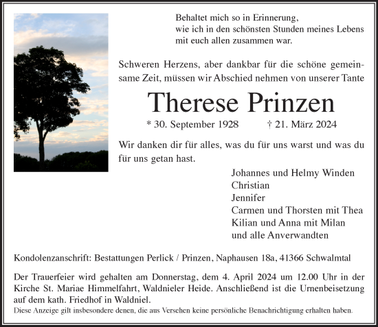 Traueranzeige von Therese Prinzen von trauer.extra-tipp-moenchengladbach.de