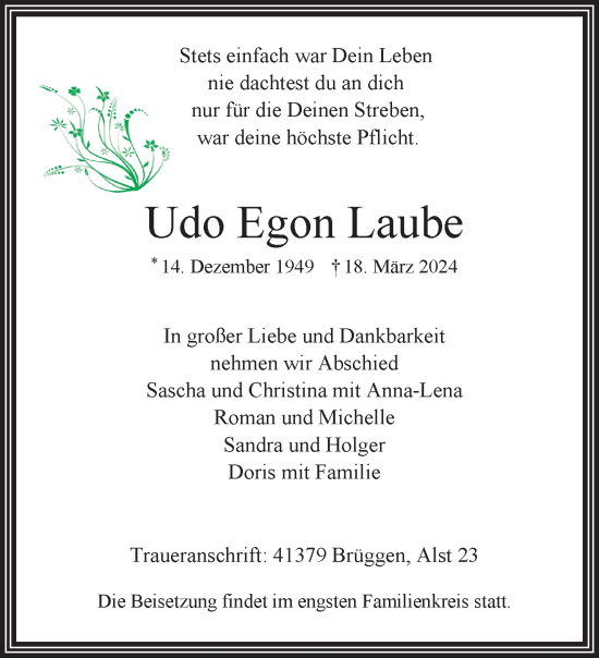 Traueranzeige von Udo Egon Laube von trauer.extra-tipp-moenchengladbach.de