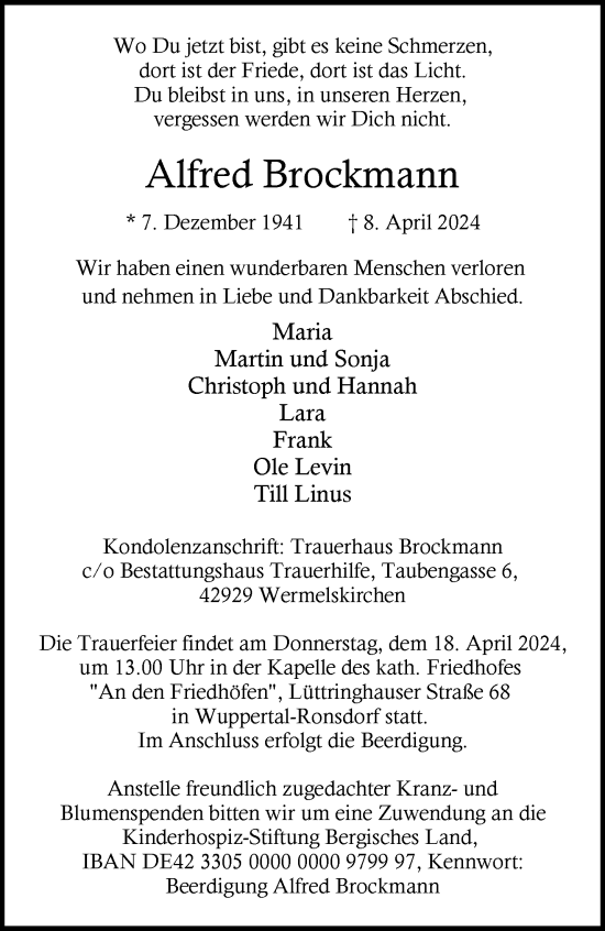 Traueranzeige von Alfred Brockmann von trauer.wuppertaler-rundschau.de