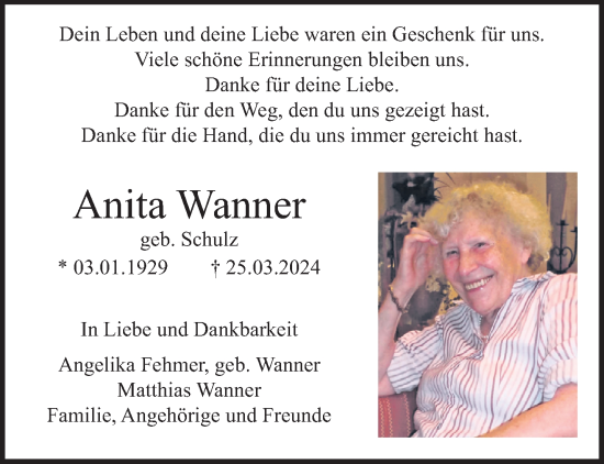 Traueranzeige von Anita Wanner von trauer.extra-tipp-moenchengladbach.de