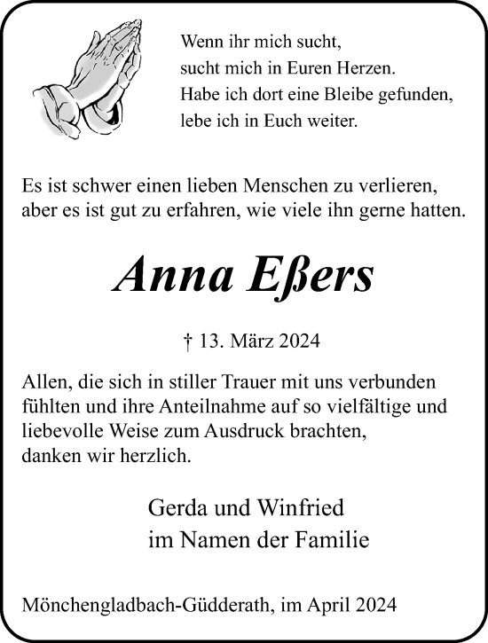 Traueranzeige von Anna Eßers von trauer.extra-tipp-moenchengladbach.de