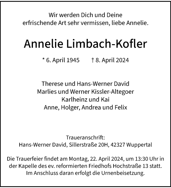 Traueranzeige von Annelie Limbach-Kofler von trauer.wuppertaler-rundschau.de