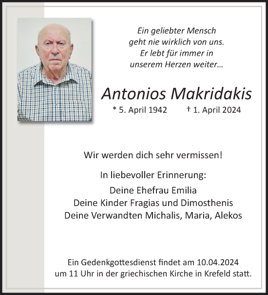 Traueranzeige von Antonios Makridakis von trauer.extra-tipp-moenchengladbach.de