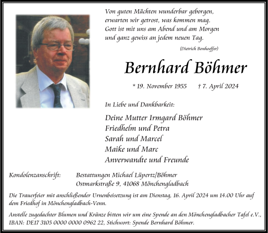 Traueranzeige von Bernhard Böhmer von trauer.extra-tipp-moenchengladbach.de