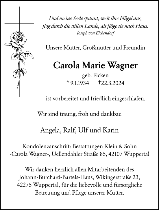 Traueranzeige von Carola Marie Wagner von trauer.wuppertaler-rundschau.de