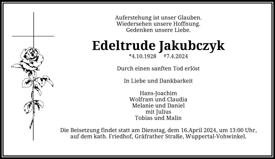 Traueranzeige von Edeltrude Jakubczyk von trauer.wuppertaler-rundschau.de