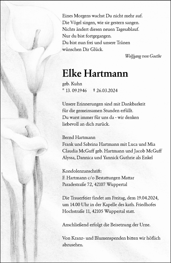 Traueranzeige von Elke Hartmann von trauer.wuppertaler-rundschau.de