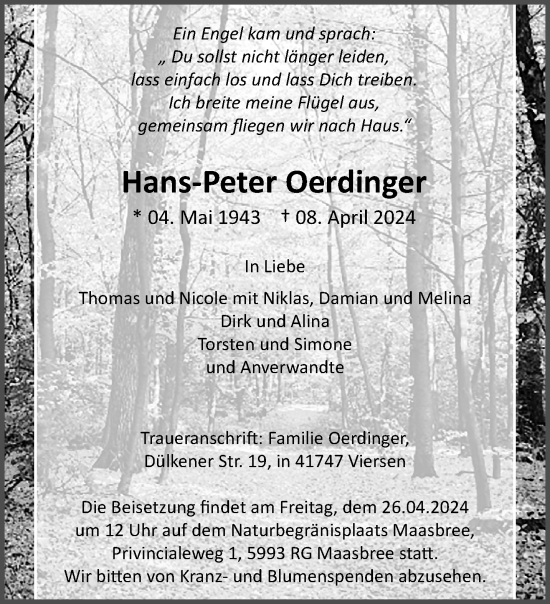 Traueranzeige von Hans-Peter Oerdinger von trauer.extra-tipp-moenchengladbach.de