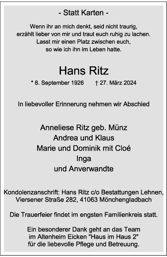 Traueranzeige von Hans Ritz von trauer.extra-tipp-moenchengladbach.de