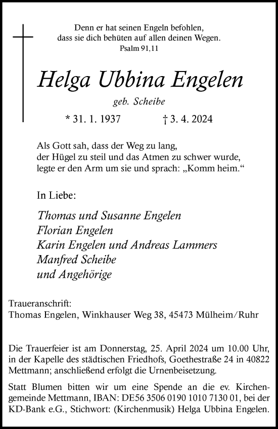 Traueranzeige von Helga Ubbina Engelen von trauer.duesseldorfer-anzeiger.de