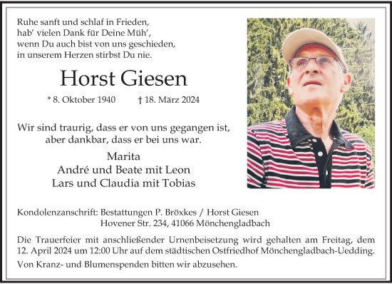 Traueranzeige von Horst Giesen von trauer.extra-tipp-moenchengladbach.de