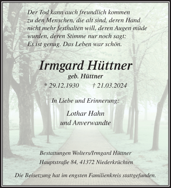 Traueranzeige von Irmgard Hüttner von trauer.extra-tipp-moenchengladbach.de