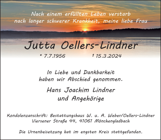 Traueranzeige von Jutta Oellers-Lindner von trauer.extra-tipp-moenchengladbach.de