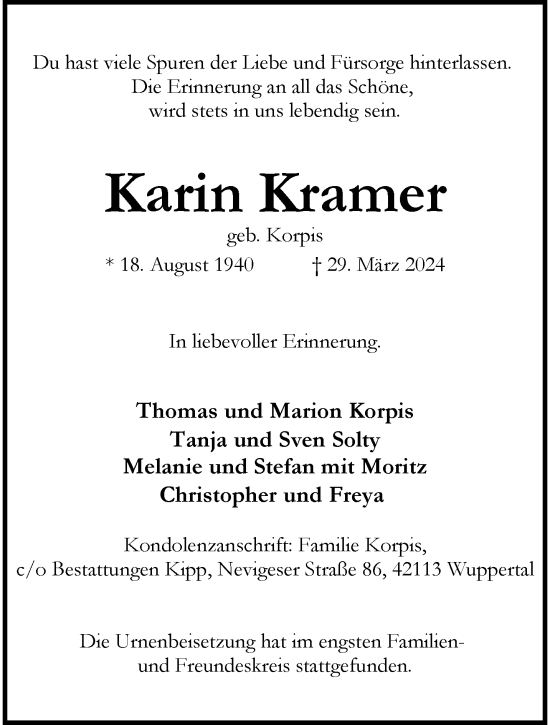 Traueranzeige von Karin Kramer von trauer.wuppertaler-rundschau.de
