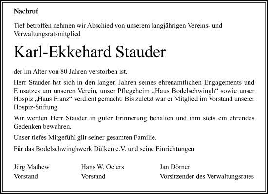 Traueranzeige von Karl-Ekkehard Stauder von trauer.extra-tipp-moenchengladbach.de