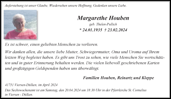 Traueranzeige von Margarethe Houben von trauer.extra-tipp-moenchengladbach.de