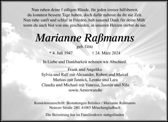 Traueranzeige von Marianne Raßmanns von trauer.extra-tipp-moenchengladbach.de