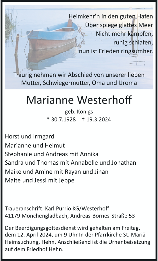 Traueranzeige von Marianne Westerhoff von trauer.extra-tipp-moenchengladbach.de
