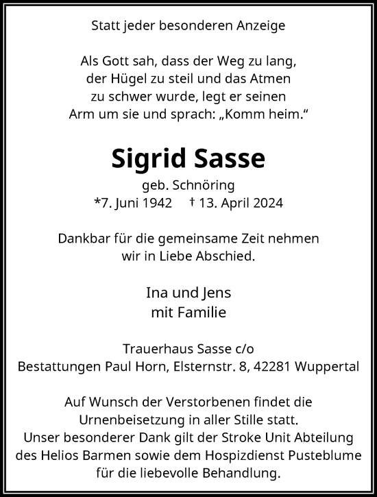 Traueranzeige von Sigrid Sasse von trauer.wuppertaler-rundschau.de
