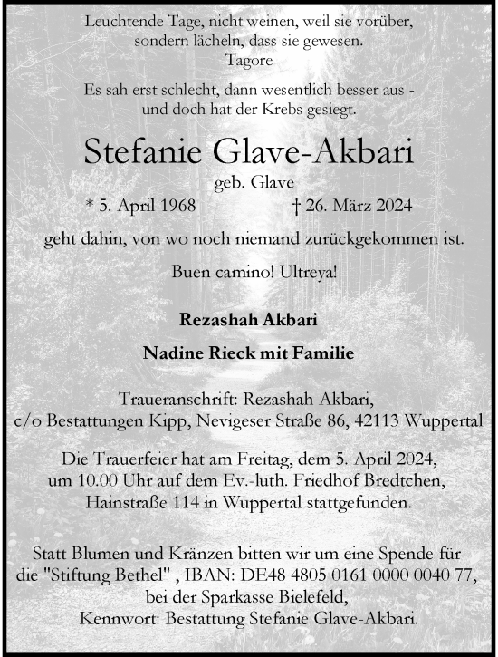 Traueranzeige von Stefanie Glave-Akbari von trauer.wuppertaler-rundschau.de