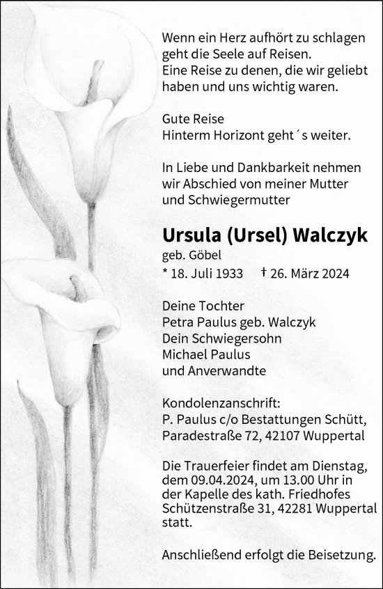 Traueranzeige von Ursula Walczyk von trauer.wuppertaler-rundschau.de