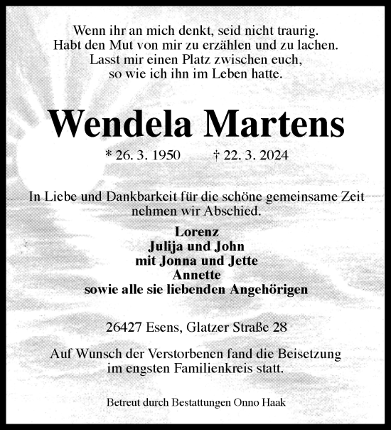 Traueranzeige von Wendela Martens von trauer.wuppertaler-rundschau.de
