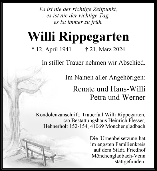 Traueranzeige von Willi Rippegarten von trauer.extra-tipp-moenchengladbach.de