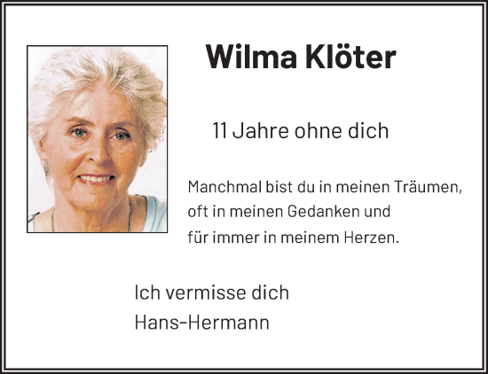 Traueranzeige von Wilma Klöter von trauer.extra-tipp-moenchengladbach.de