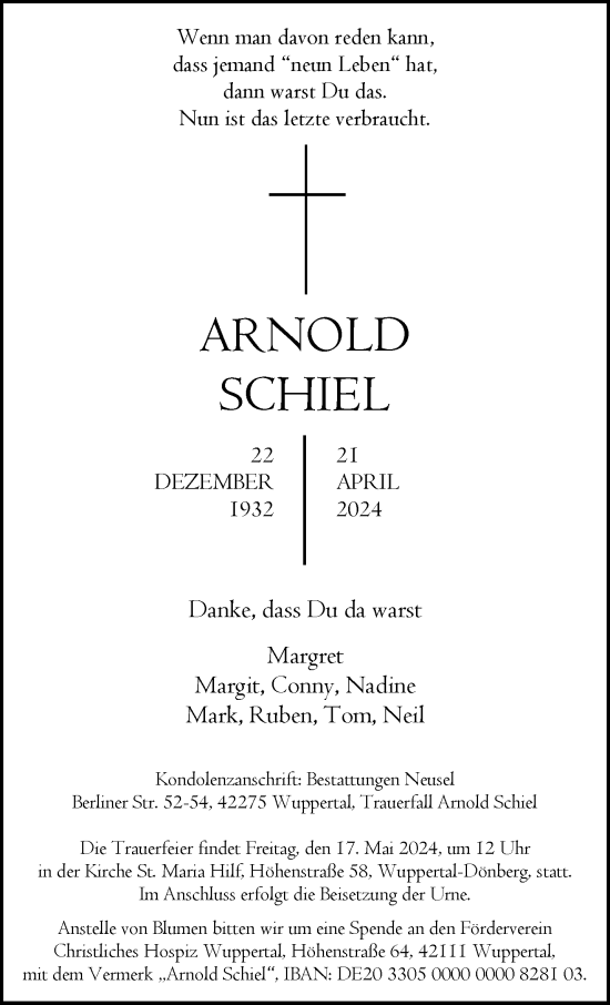 Traueranzeige von Arnold Schiel von trauer.wuppertaler-rundschau.de